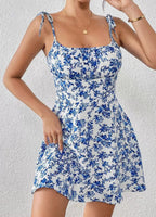 Floral Print Dress Summer Sweet A- Line Waist Trimming Dresses Women's Slimming Casual Clothing