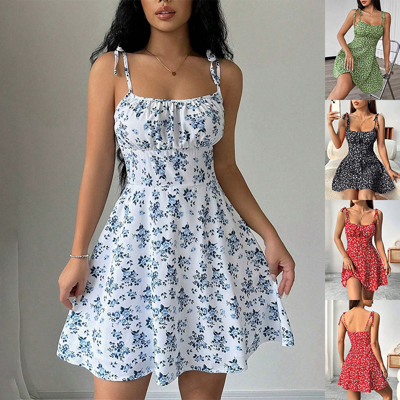 Floral Print Dress Summer Sweet A- Line Waist Trimming Dresses Women's Slimming Casual Clothing Main image