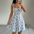 Floral Print Dress Summer Sweet A- Line Waist Trimming Dresses Women's Slimming Casual Clothing